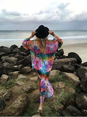 Cover-Ups Women's Swimsuit Cover up Beach Long Kimono Bathing Suit Chiffon Floral Cardigan - 2-colored Feather - C018RMSHGEN ...