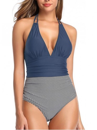 One-Pieces Women Tummy Control One Piece Swimsuit Halter V Neck Striped Bathing Suit - Blue - CV18YGER5L5 $25.54
