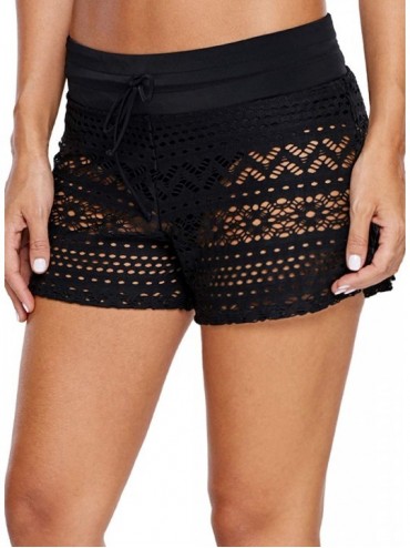 Board Shorts Womens Side Split Waistband Swim Shorts with Panty Liner Plus Size S - 3XL - Z Lace Black T - CX18LCA4A4T $35.04