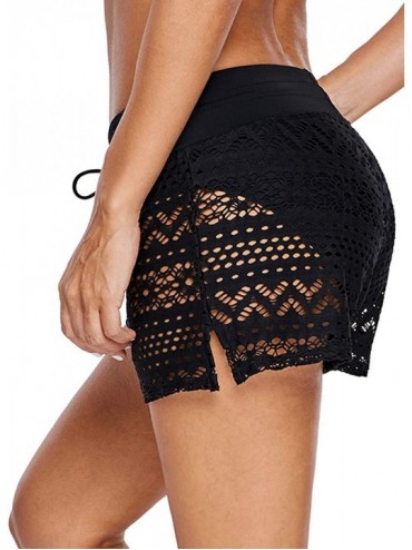 Board Shorts Womens Side Split Waistband Swim Shorts with Panty Liner Plus Size S - 3XL - Z Lace Black T - CX18LCA4A4T $18.72