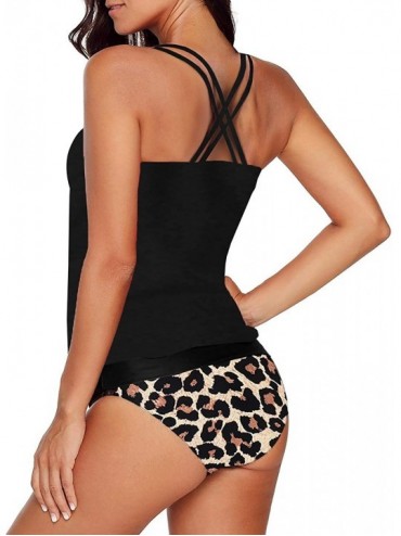 Tankinis Womens Stripes Lined Up Double Up Tankini Top Sets Swimwear - F Leopard - C6196O5H5HU $25.42