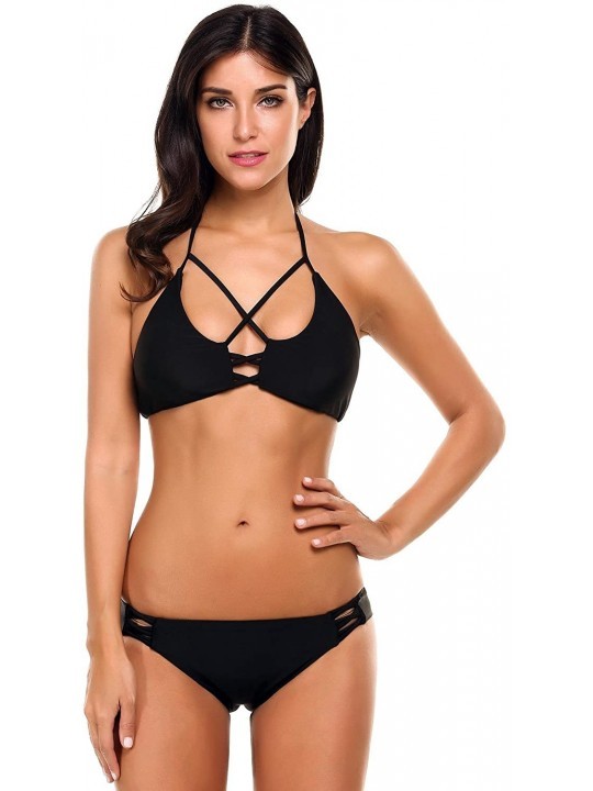 Sets Womens Sexy Halter Bikini Set Swimsuit 2Pcs Bikini Bathing Suits - Black - CA185N3M7EG $13.99