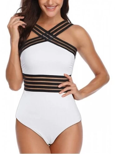 One-Pieces Women's One Piece Swimsuits Front Crossover Swimwear Black Sexy Hollow Swimwear Bathing Suit Monokinis - White - C...