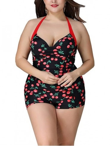 One-Pieces Women Vintage Floral Print Swimsuit Modest Sports Boyshort Bathing Suit Plus Size - Cherry - CT18LX6DEHC $46.91