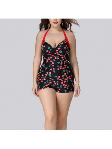 One-Pieces Women Vintage Floral Print Swimsuit Modest Sports Boyshort Bathing Suit Plus Size - Cherry - CT18LX6DEHC $19.92