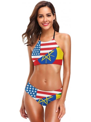 Sets Half USA Womens Tie at Back 2 Piece Padding Halter Bikini Set - Half Usa Half Ethiopia Flag - CT18UTT5H5G $35.17