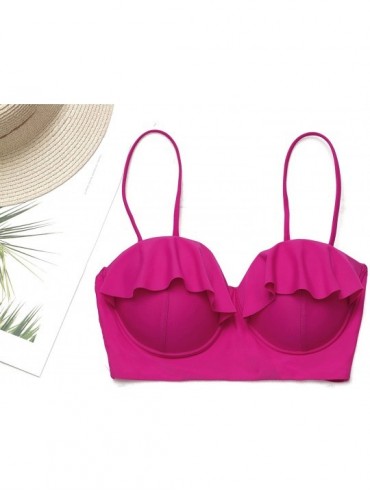 Tankinis Solid/Floral Ruffle Summer Beach Swim Push Up Tops Pin Up Swimwear - Rose Red - CD18GDLU666 $22.85