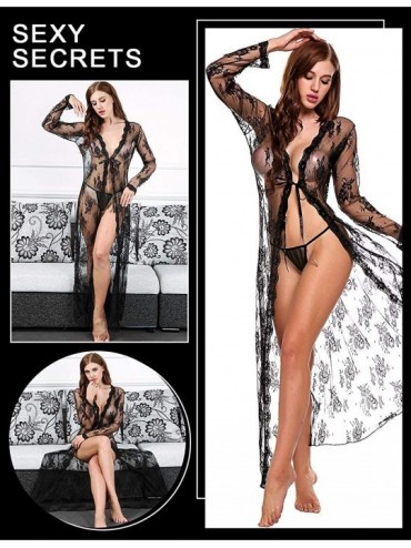 Cover-Ups Lingerie for Women Sexy Long Lace Dress Sheer Gown See Through Kimono Robe - Black - CH182Z87H2G $14.71
