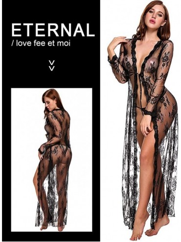 Cover-Ups Lingerie for Women Sexy Long Lace Dress Sheer Gown See Through Kimono Robe - Black - CH182Z87H2G $14.71
