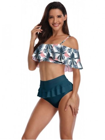 Sets Women Two Piece Swimsuit Floral Ruffled Bathing Suit Tummy Control High Waist Bikini Set - Green - CZ18TCTMMCK $21.37