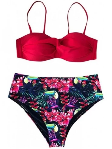 Sets Women High Waist Bikinis Swimwear Swimuit Female Retro Beachewear Bikini Set - Red - CY1993UE8KR $46.48