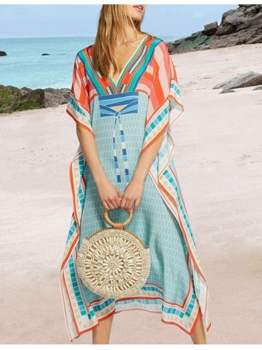 Cover-Ups Women Bathing Suit Cover Up Ethnic Print Kaftan Beach Maxi Dresses - Orange Blue - CL18I9XCRC0 $25.82