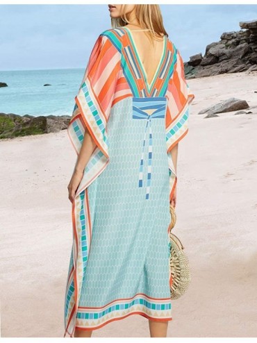 Cover-Ups Women Bathing Suit Cover Up Ethnic Print Kaftan Beach Maxi Dresses - Orange Blue - CL18I9XCRC0 $25.82