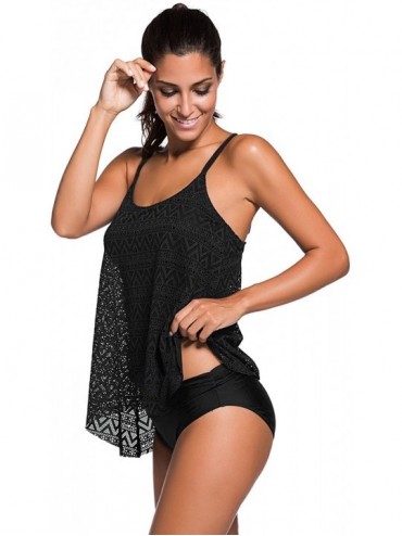 Sets Women's Plus Size Tankini Top Two Piece Lace Mesh Swimsuits Swimwear Bathing Suits with Brief Bottom - Black - C7196NZY3...