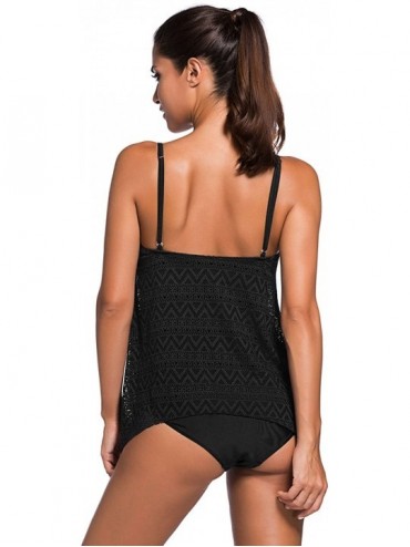Sets Women's Plus Size Tankini Top Two Piece Lace Mesh Swimsuits Swimwear Bathing Suits with Brief Bottom - Black - C7196NZY3...