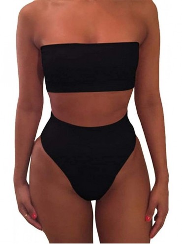 Sets Women's Wrap Pad Strapless 2 pcs Swimwear Cheeky High Waist Bikini Set Swimsuit - Black - CS196ANX0RX $54.99