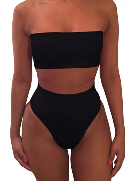 Sets Women's Wrap Pad Strapless 2 pcs Swimwear Cheeky High Waist Bikini Set Swimsuit - Black - CS196ANX0RX $27.87
