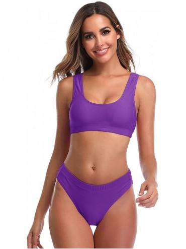 Sets Woman's Two Pieces Bikini Sets Sports Swimsuit Low Top High Waisted High Bottom - Purple - CK18CNZK4YZ $46.79