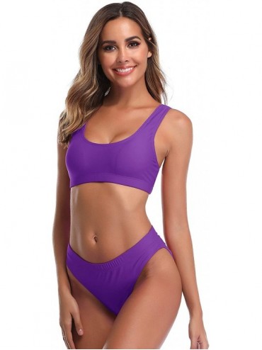 Sets Woman's Two Pieces Bikini Sets Sports Swimsuit Low Top High Waisted High Bottom - Purple - CK18CNZK4YZ $18.82