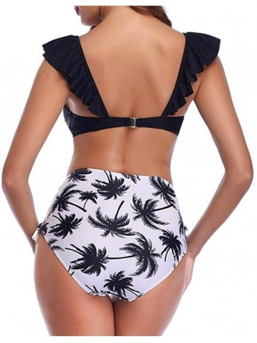 Racing Women Two Piece High Waisted Swimsuit Ruffled V Neck Top with Ruched Tummy Control Flounce Bikini Bottom Swimwear - Bl...