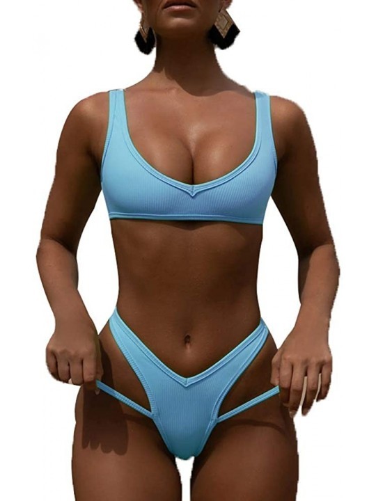 Sets Womens Swimsuits Push up Strappy High Cut High Waisted Cheeky Bathing Suit Swimwear - Sky Blue - CA18W7A922Z $15.55