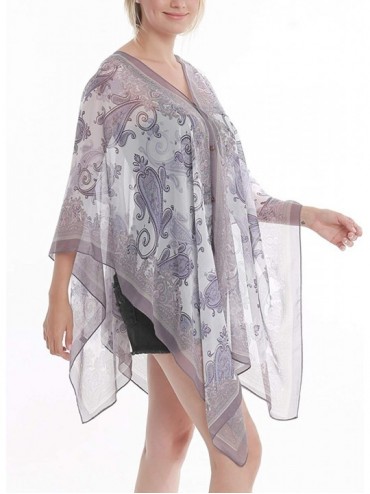 Cover-Ups Women's Floral Kimono Chiffon Sheer Plus Size Beach Cover Up Swimsuit Summer Swimwear for Bikini - Blue Florals - C...