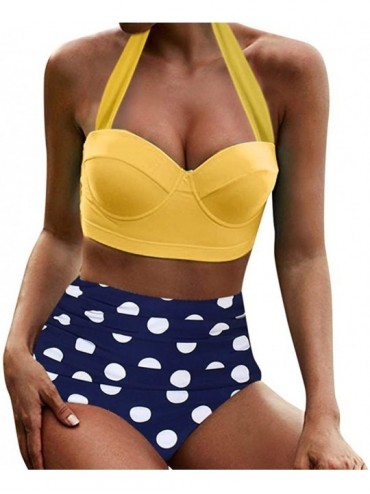 Sets Swimsuit for Women Two Piece Retro Halter Ruched High Waist Print Bikini Set Swimwear Beach Bathing Suits Y c Yellow - C...