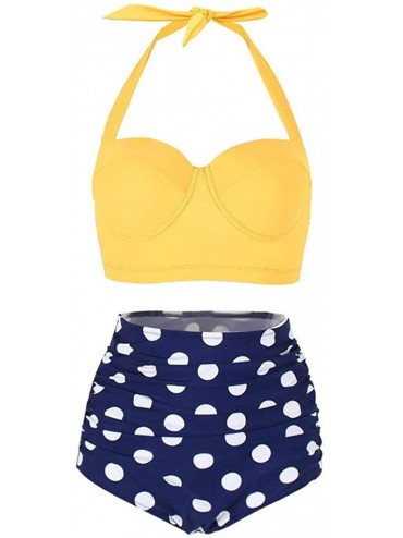 Sets Swimsuit for Women Two Piece Retro Halter Ruched High Waist Print Bikini Set Swimwear Beach Bathing Suits Y c Yellow - C...