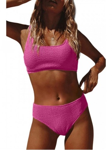 Bottoms Women's Crop Top High Waisted Cheeky Bikini Set Two Piece Swimsuits - A Rose - C8194MG5QKS $40.42
