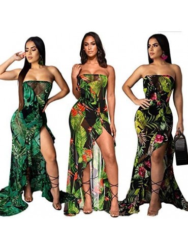 Cover-Ups Women's Sexy Strapless Maxi Dress - Off The Shoulder Floral Tube Ruffle Slit Beach Sundress - Green - CL18UCMMRQQ $...