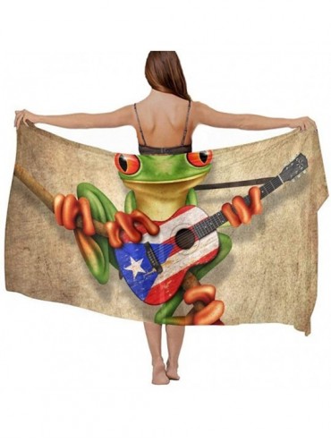 Cover-Ups Women Chiffon Scarf Summer Beach Wrap Skirt Swimwear Bikini Cover up Tree Frog Playing Puerto Rico Flag Guitar Post...