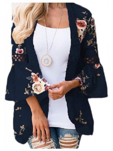 Cover-Ups Women Lace Patch Hollow Floral Print Colorful Loose Fit Sleeve Coverups - Dark Blue - CK1908Q9L0T $48.76