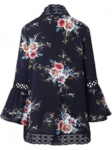 Cover-Ups Women Lace Patch Hollow Floral Print Colorful Loose Fit Sleeve Coverups - Dark Blue - CK1908Q9L0T $32.73