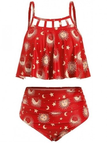 Sets Womens Summer High Waisted Star Moon Print Bathing Suit Set Two Piece Tankini Swimsuits - Red - CJ1992HWNAU $24.82