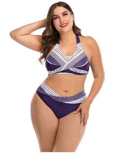 Rash Guards Plus Size Womens High-Waisted Bikini Set Two Pieces Beach Swimwear Bathing Suit Swimsuits - 028 Purple - CR194DSL...