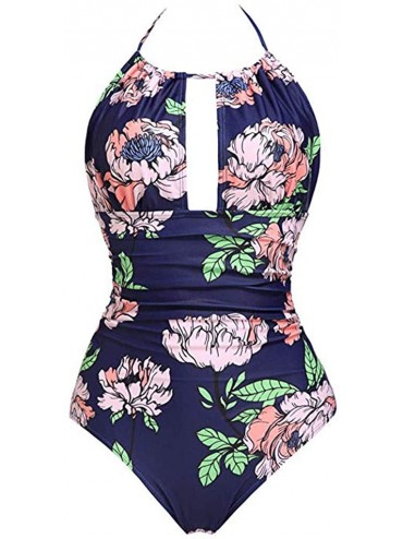 One-Pieces Swimsuits for Women Tummy Control Women Sexy One Piece Swimsuit Floral Print Swimwear V Neck Bathing Suit Purple -...