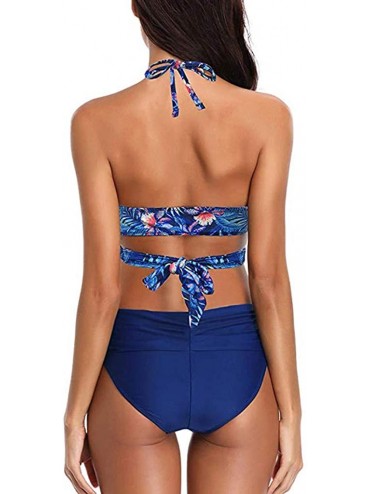 Sets Women Sexy Swimsuit Two Piece Retro Halter Ruched High Waist Print Bikini Set - Blue - CR199I8GOKU $16.16