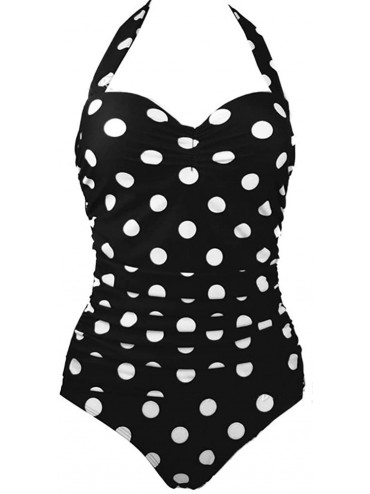 One-Pieces Retro Ruched Print Halter Polka One Piece Swimsuit Pin Up Monokinis Black Dots US 10-12 - CW12DAUJLQL $27.15