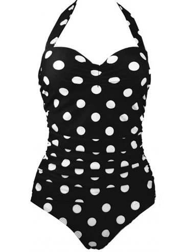 One-Pieces Retro Ruched Print Halter Polka One Piece Swimsuit Pin Up Monokinis Black Dots US 10-12 - CW12DAUJLQL $46.89