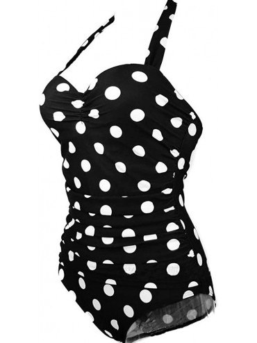 One-Pieces Retro Ruched Print Halter Polka One Piece Swimsuit Pin Up Monokinis Black Dots US 10-12 - CW12DAUJLQL $27.15
