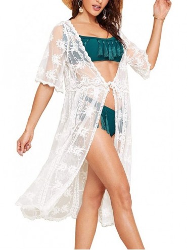 Cover-Ups Women's Lace Kimono Floral Crochet Sheer Beach Cover Ups Long Open Swimsuit Lace Cardigan - White3 - CK18OM38D8N $1...
