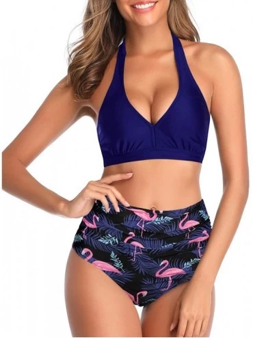Sets Women High Waisted Bikini Set Two Piece Retro Ruched Halter Swimsuits - Blue - CY19CM9THOX $44.02