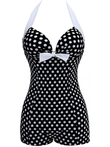 One-Pieces Retro Halter Boy-Leg Bow Chest One Piece Swimsuit Push up Monokinis - Black and White Polka 2 - CO18RDXYCQC $60.98