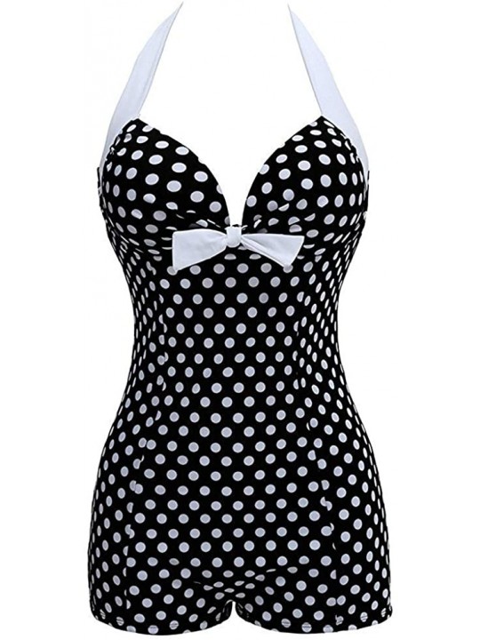 One-Pieces Retro Halter Boy-Leg Bow Chest One Piece Swimsuit Push up Monokinis - Black and White Polka 2 - CO18RDXYCQC $35.77