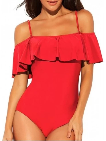 Sets Women One Piece Flounce Swimsuit Vintage Printed Off Shoulder Flounce Ruffled Swimwear Bathing Suit - Red - CZ18SX60TXW ...