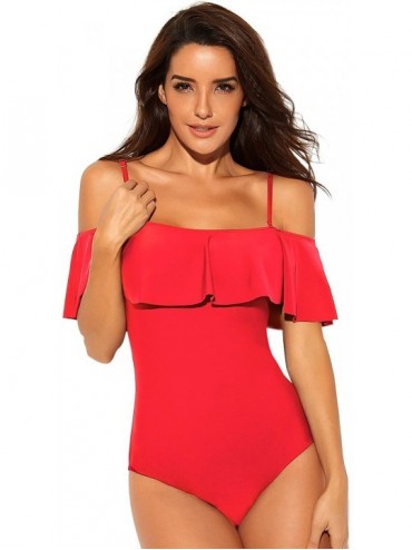 Sets Women One Piece Flounce Swimsuit Vintage Printed Off Shoulder Flounce Ruffled Swimwear Bathing Suit - Red - CZ18SX60TXW ...