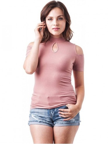 Tankinis Short Sleeve Ribbed Mock Neck Cutout Cold Shoulder Top - Blush Pink - CW182X4944W $19.08