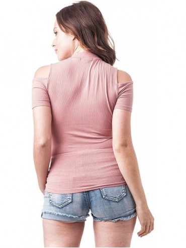 Tankinis Short Sleeve Ribbed Mock Neck Cutout Cold Shoulder Top - Blush Pink - CW182X4944W $12.30