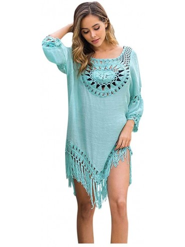 Cover-Ups Women's Crochet Beach Cover-Ups Dress Asymmetric Pullover Swimwear with Tassels - Blue - C4194MKA96T $31.01