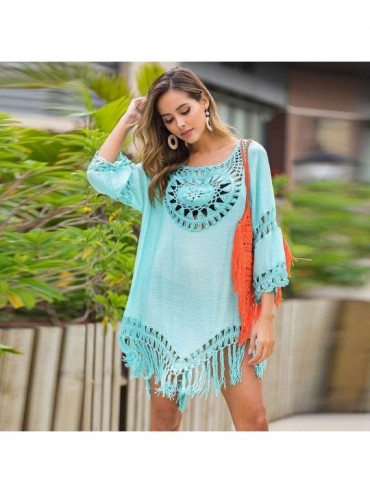 Cover-Ups Women's Crochet Beach Cover-Ups Dress Asymmetric Pullover Swimwear with Tassels - Blue - C4194MKA96T $14.06